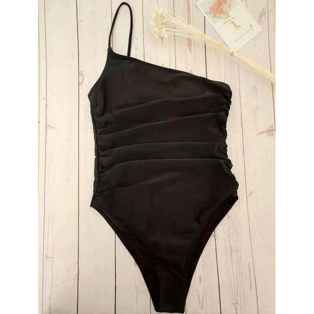 Solid Bodysuit One Shoulder Swimming Suit