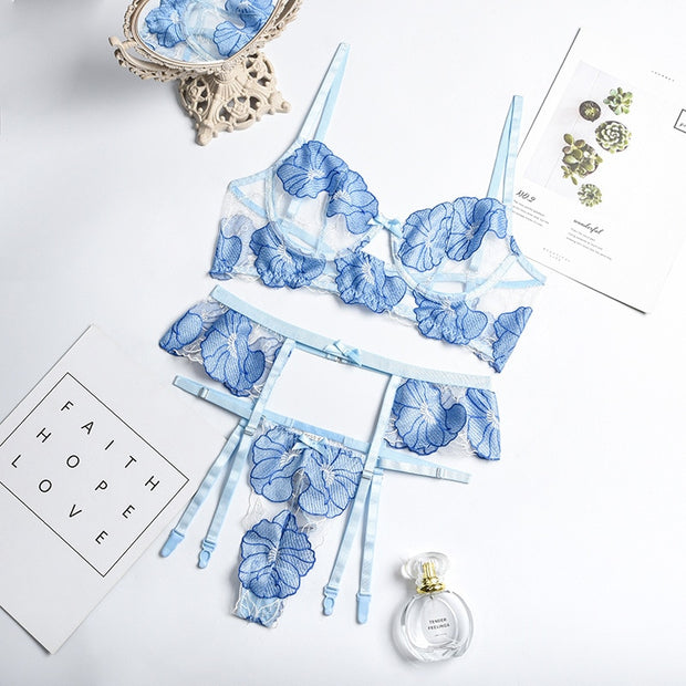 Women's Floral Underwear Embroidery Bra Set