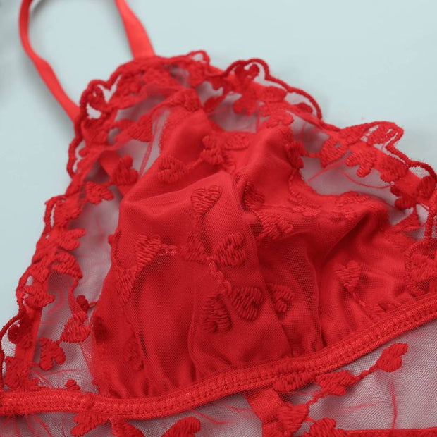 Red Print Sexy Floral Embroidery Perspective Bra Set
