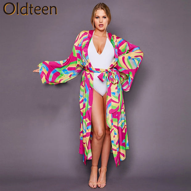 Bohemian Bikini Cover-ups Retro Striped Belted