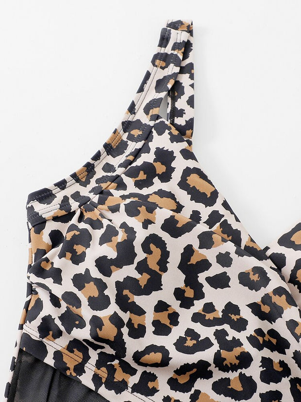 Leopard Print One Piece Mesh Swimsuit