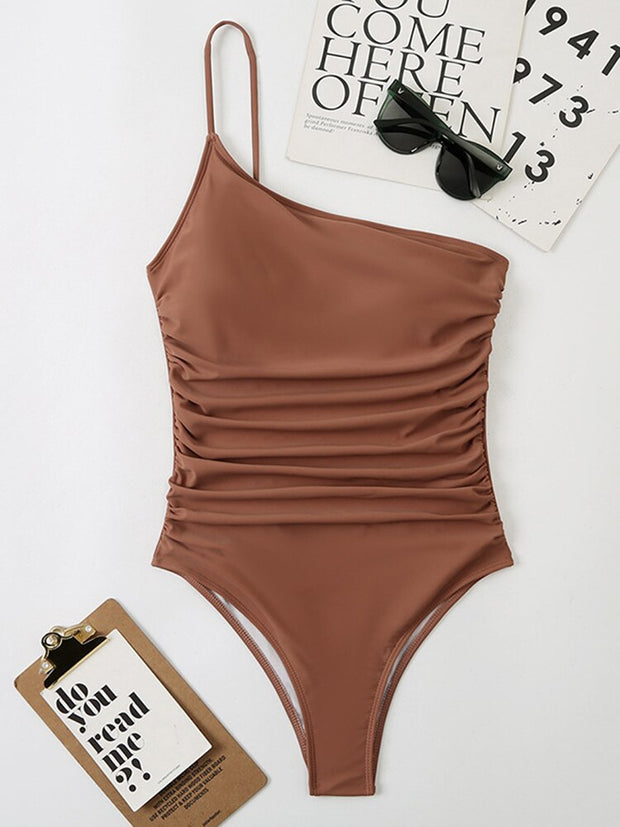 Solid Bodysuit One Shoulder Swimming Suit