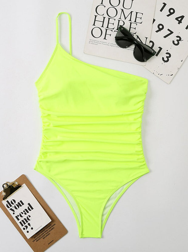Solid Bodysuit One Shoulder Swimming Suit